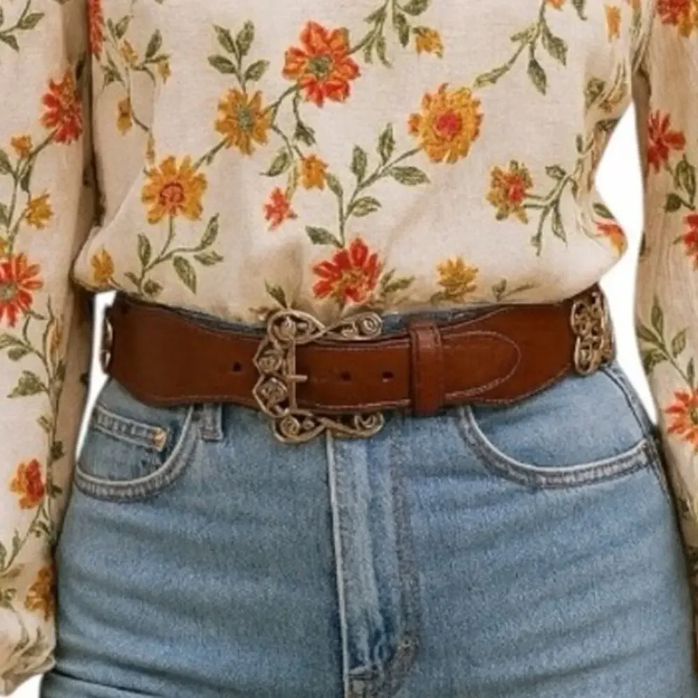 Brighton Western Boho Brown Cognac Leather Scroll Buckle Belt Women’s Size Small